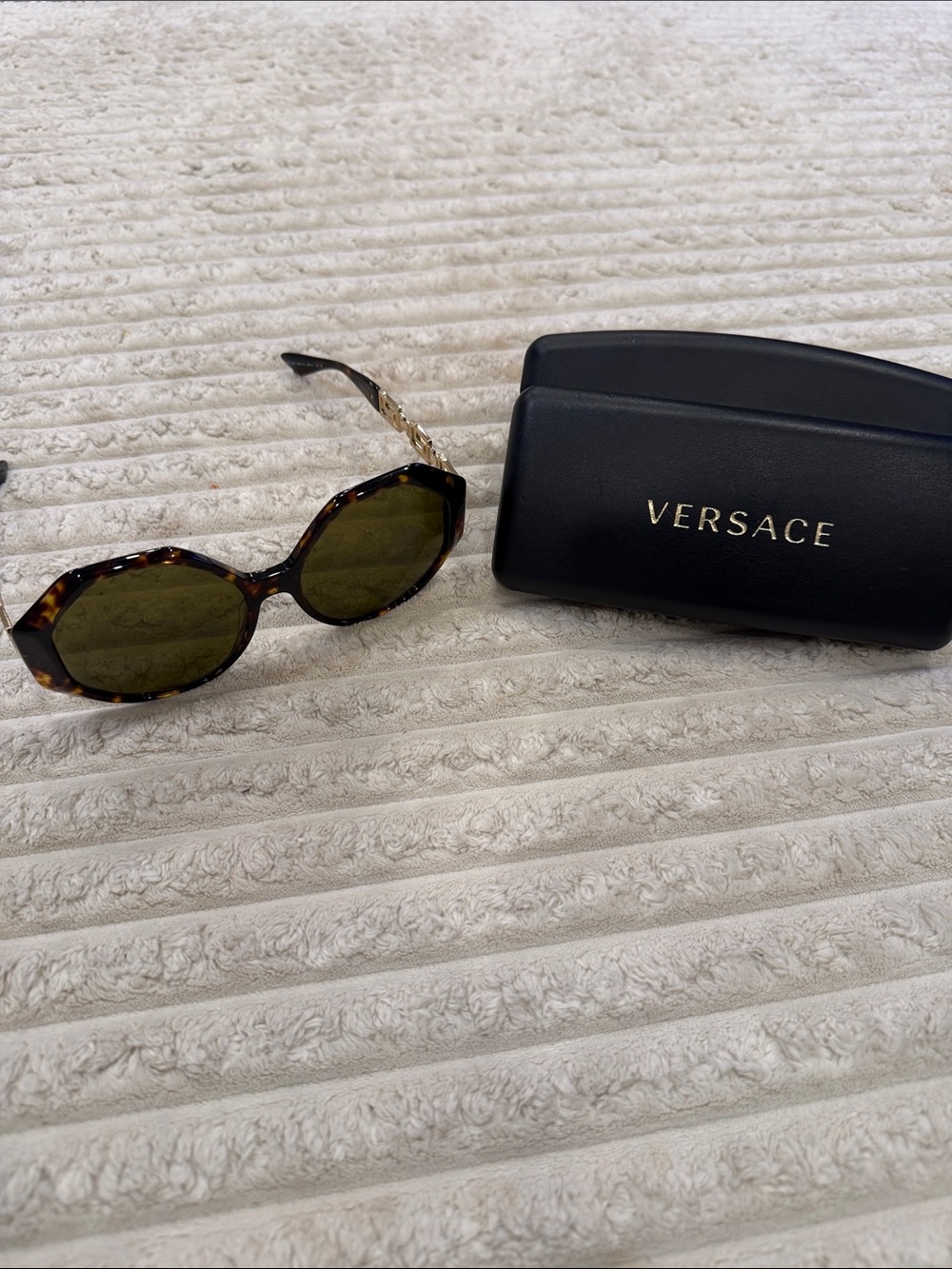 Versace Tortoiseshell Frame Sunglasses with Green Lenses and Gold Temples